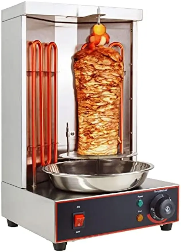 

Shawarma Machine Electric Vertical Kebab Grill Gyro Rotisserie Oven Meat Broiler with 2 Heating Tubes Stainless Steel Body 110V