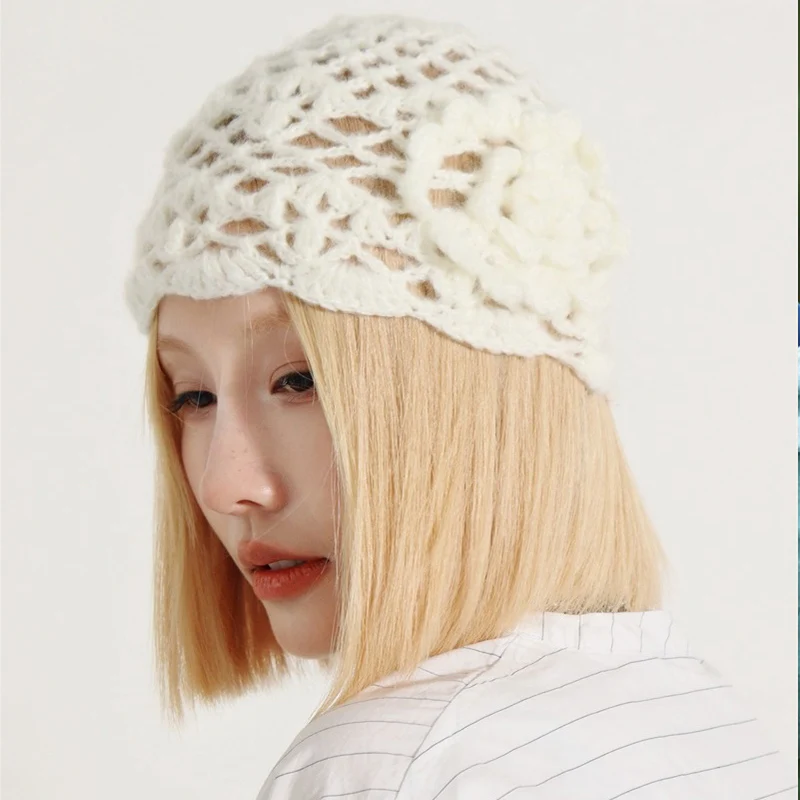 Handmade Crochet Hat Korean Instagram Blogger\'s Beanies Hollowed Out Pullover Hat Three-dimensional Flower Knitted Hat