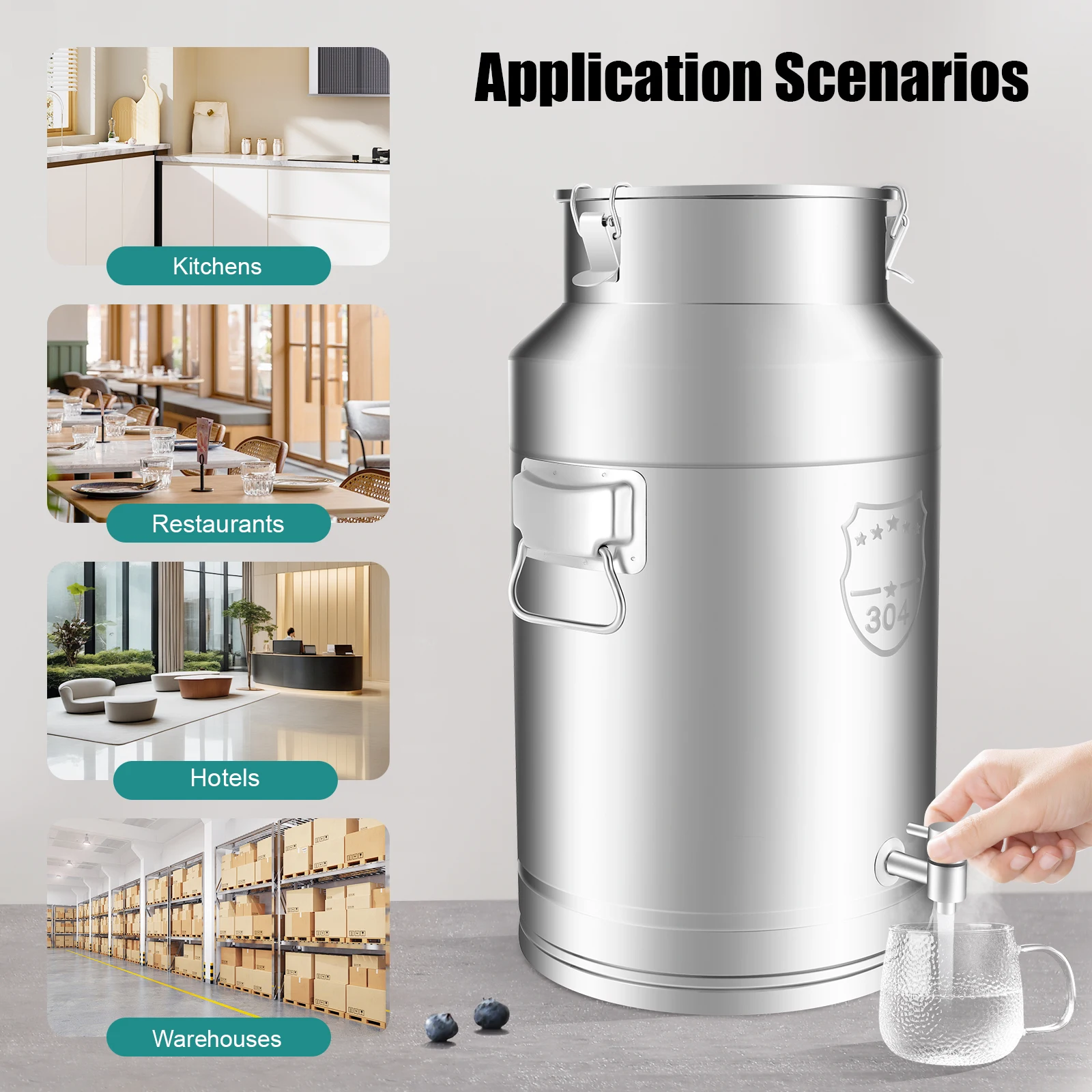 

Milk Can 304 Stainless Steel Silver Milk Bucket with Sealed Lid 3 Clips Silicone Seal Sanding Heavy Duty for Liquid Storage