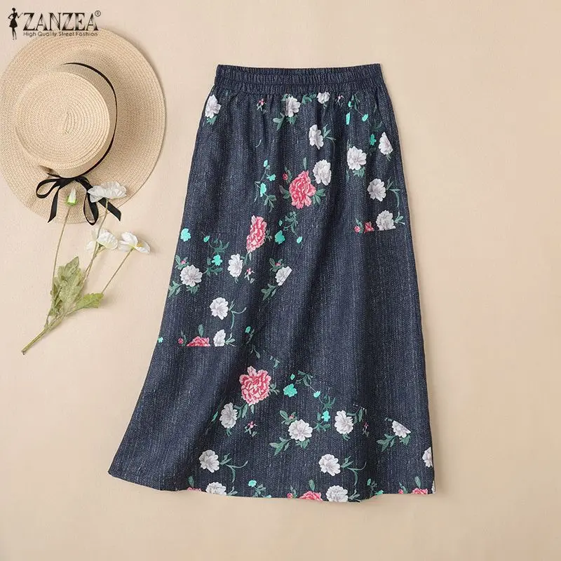 

2025 Autumn Printed Jupe ZANZEA Women Casual Elastic Waist Baggy Skirt Patchwork Faldas Saia Midi Robe Vintage A-line Overskirt