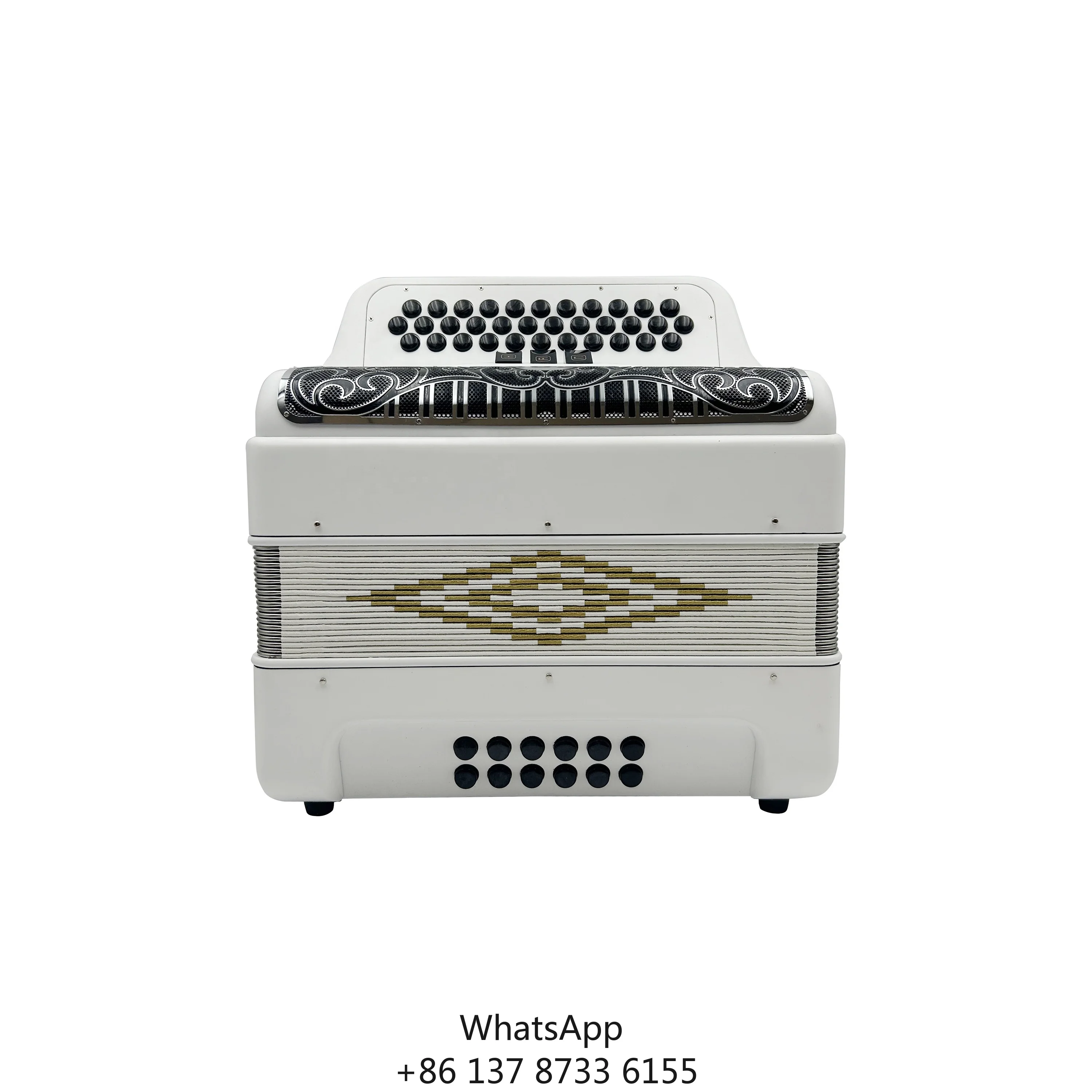 Professional Diatonic Accordion 34-Button 12-Bass 3-Register Matt White Body With Black Silver Grill & Buttons JB3412C