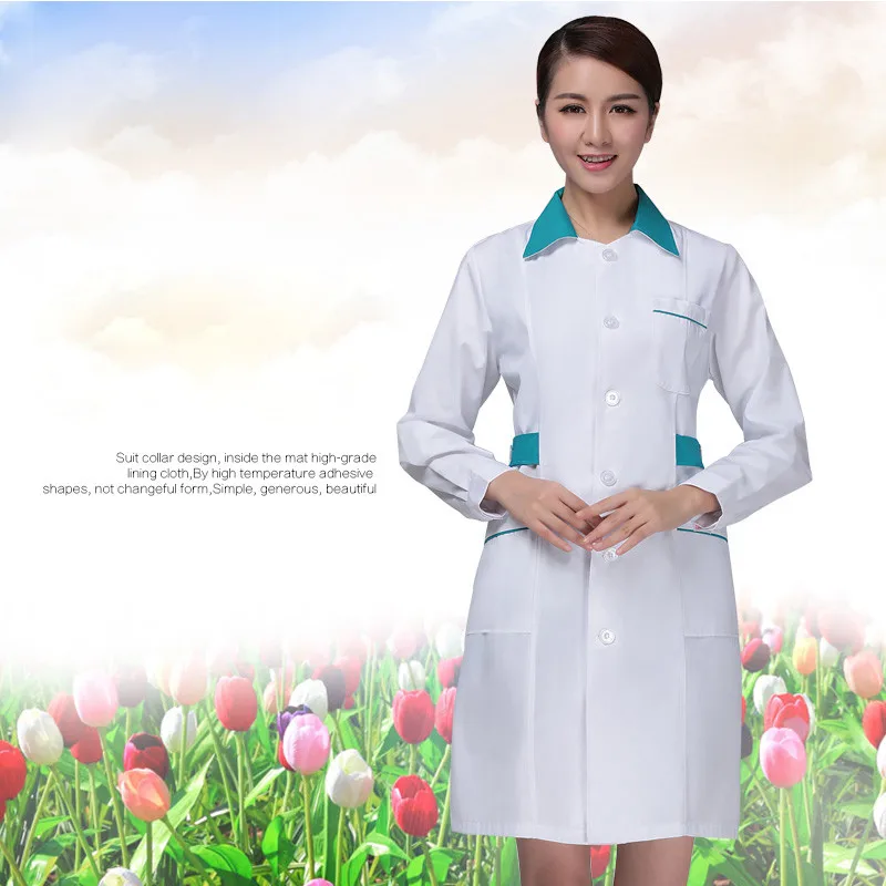 Autumn and Winter Thickening Long Sleeve Nurse Clothing Women White With Green Collar Coat Hospital Garment Medical Work Uniform