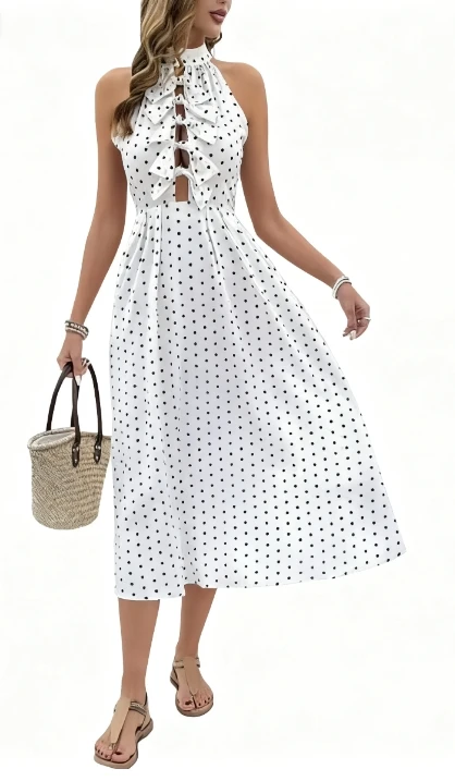 เดรสยาวปานกลางสำหรับผู้หญิง ลายจุด คอ halter แขนกุด แต่งระบายด้านหน้าและดีไซน์เว้าช่วงเอว สไตล์หรูหราสำหรับฤดูร้อน