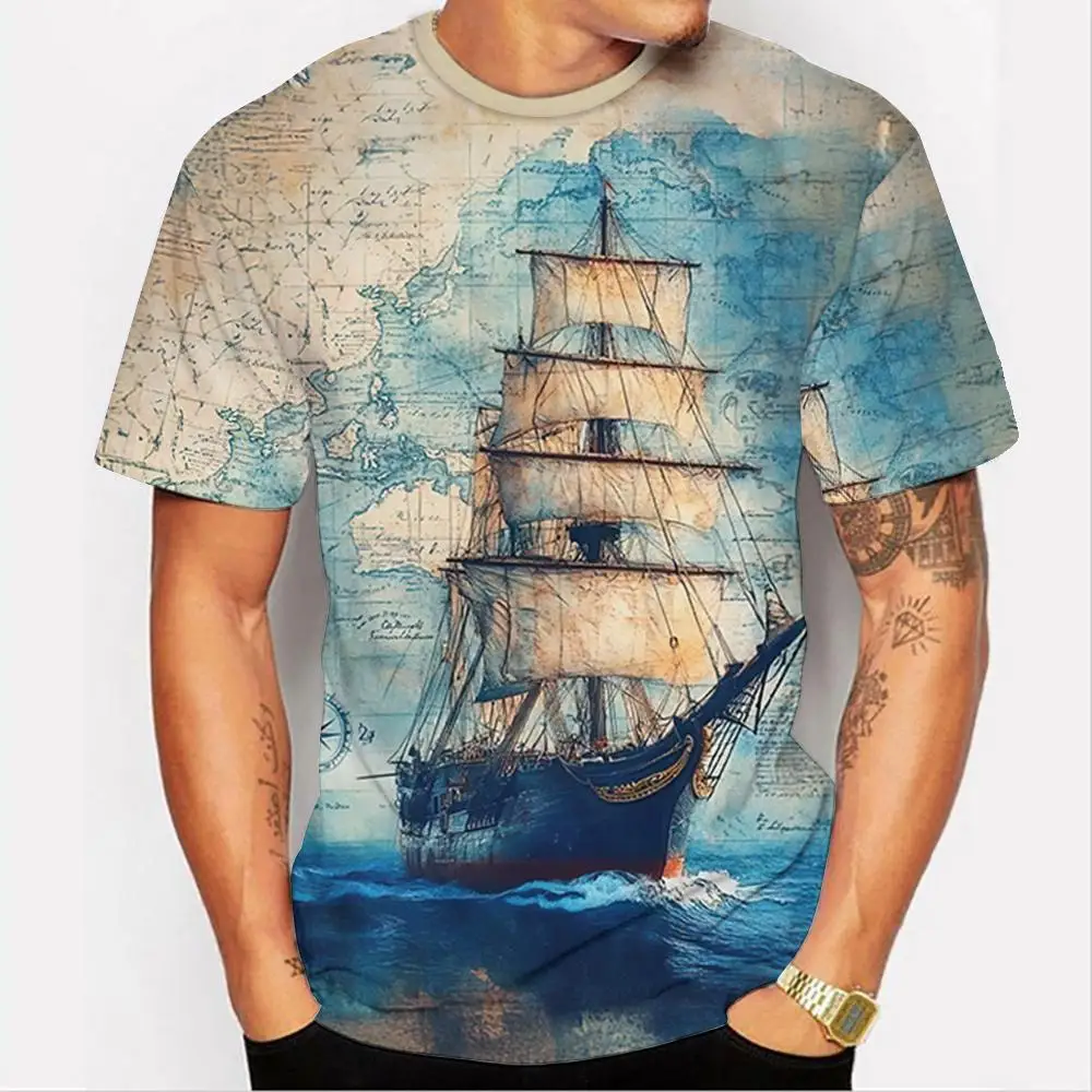 

Мужская одежда с рисунком пиратского корабля, футболка для мужчин, футболка с коротким рукавом, спортивная одежда, мужская футболка, одежда с принтом пиратского корабля