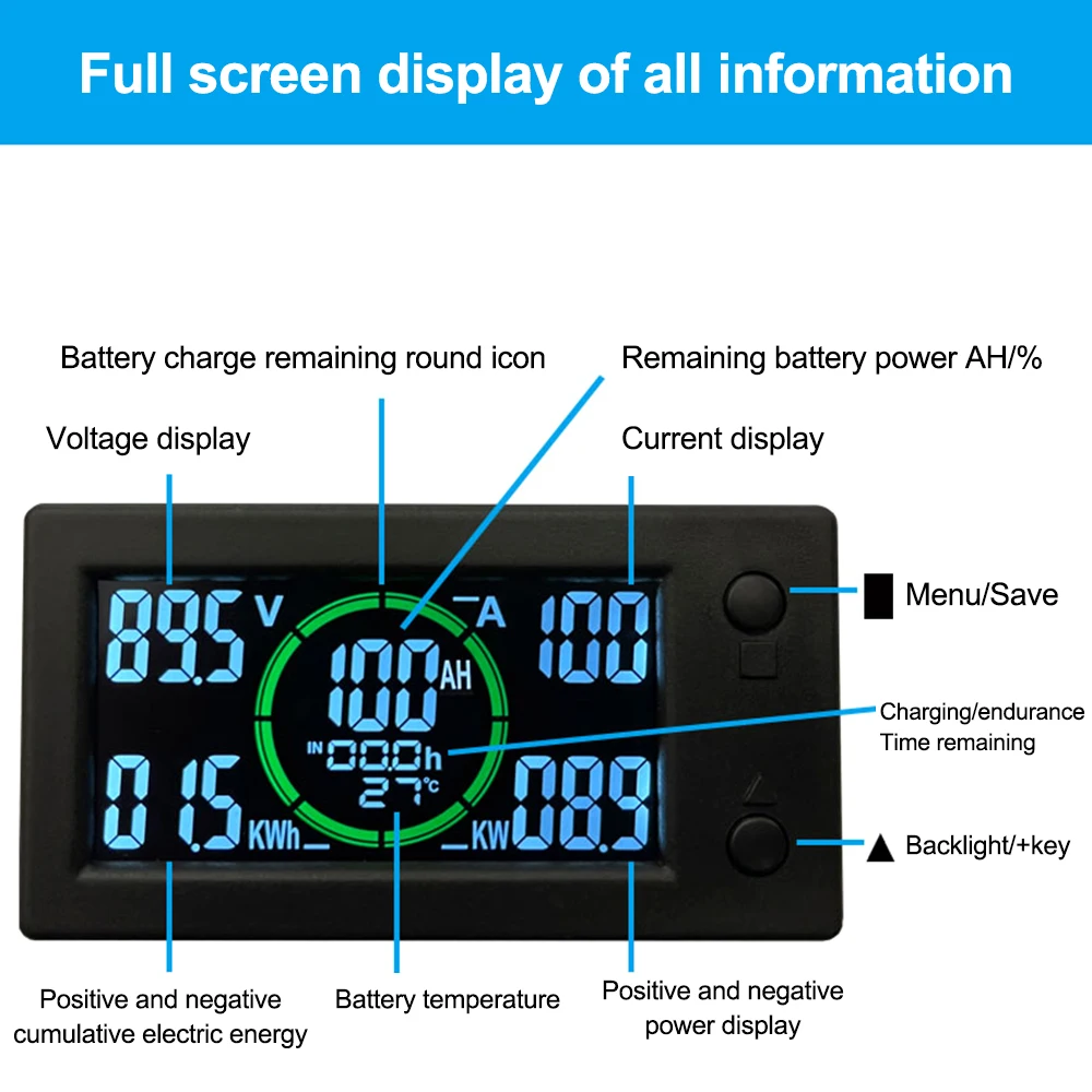 50A 100A 200A 400A STN LCD Hall Coulomb Meter Counter Voltage Current Capacity Power Indicator Display Battery Monitor For Car