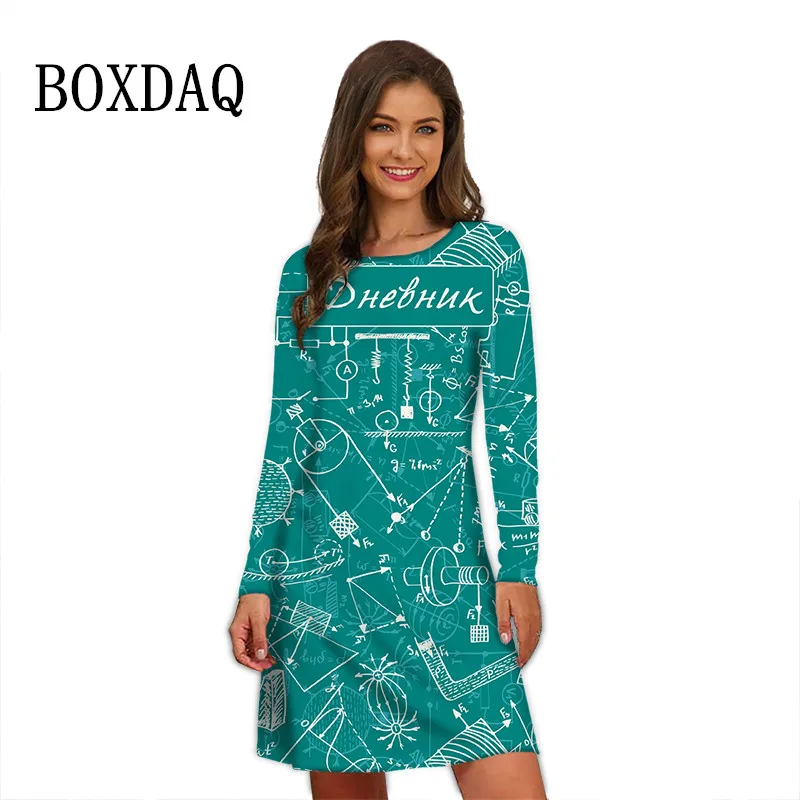 Mathematical Formula Print Women Dress Autumn Fashion Street Casual Loose Mini Dress Oversized Long Sleeve Geometry Graph Dress