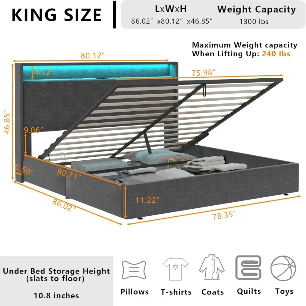 Estrutura de cama elevatória, cama estofada com estação de carregamento, luzes LED, cabeceira de armazenamento aleta, sem necessidade de molas de caixa