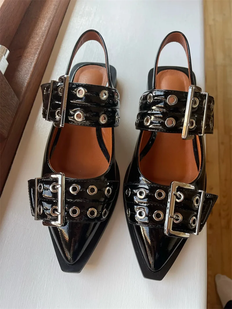 Richealnana Vrouwen Zwarte Puntige Neus Riem Gesp Slingback Flats Comfortabele Punk Retro Mary Jane Damesschoenen