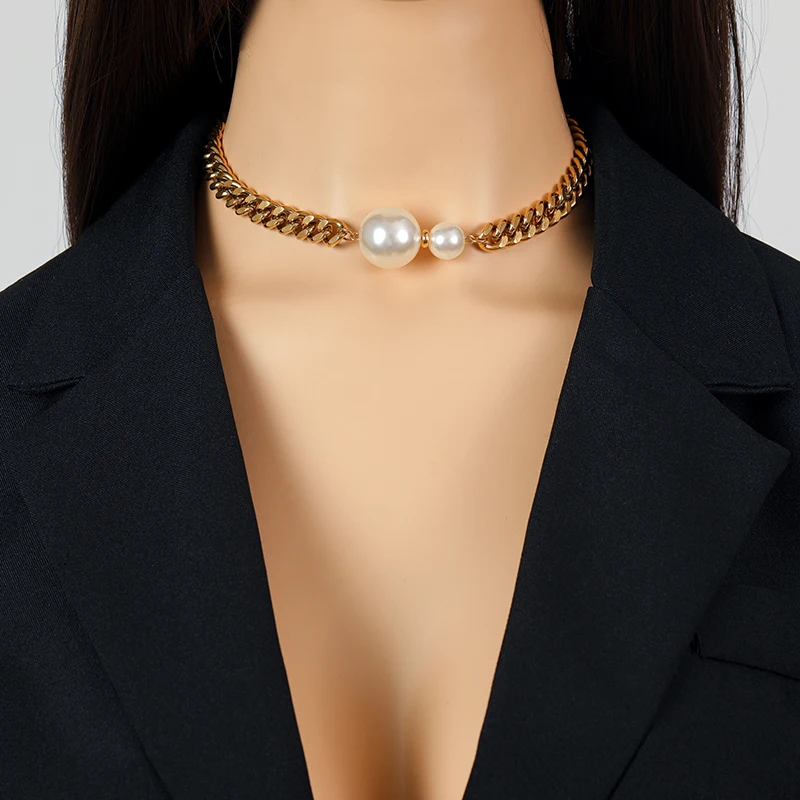 GANEMLY 316L Stainless Steel Exaggerated Large Pearls Necklace For Women Fashion Punk Neck Chain Waterproof Jewelry Gift Collar