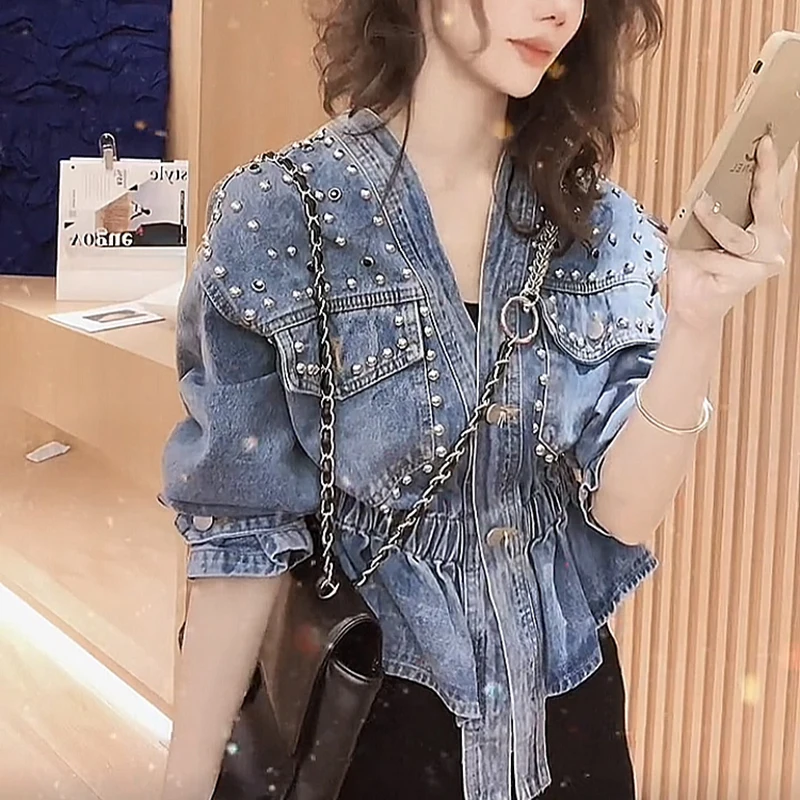 Fashion V-neck beading Denim Coat Women 2024 Spring new Irregular Short Jeans Jacket Tops Artistic Slim Cowboy Outerwear T311