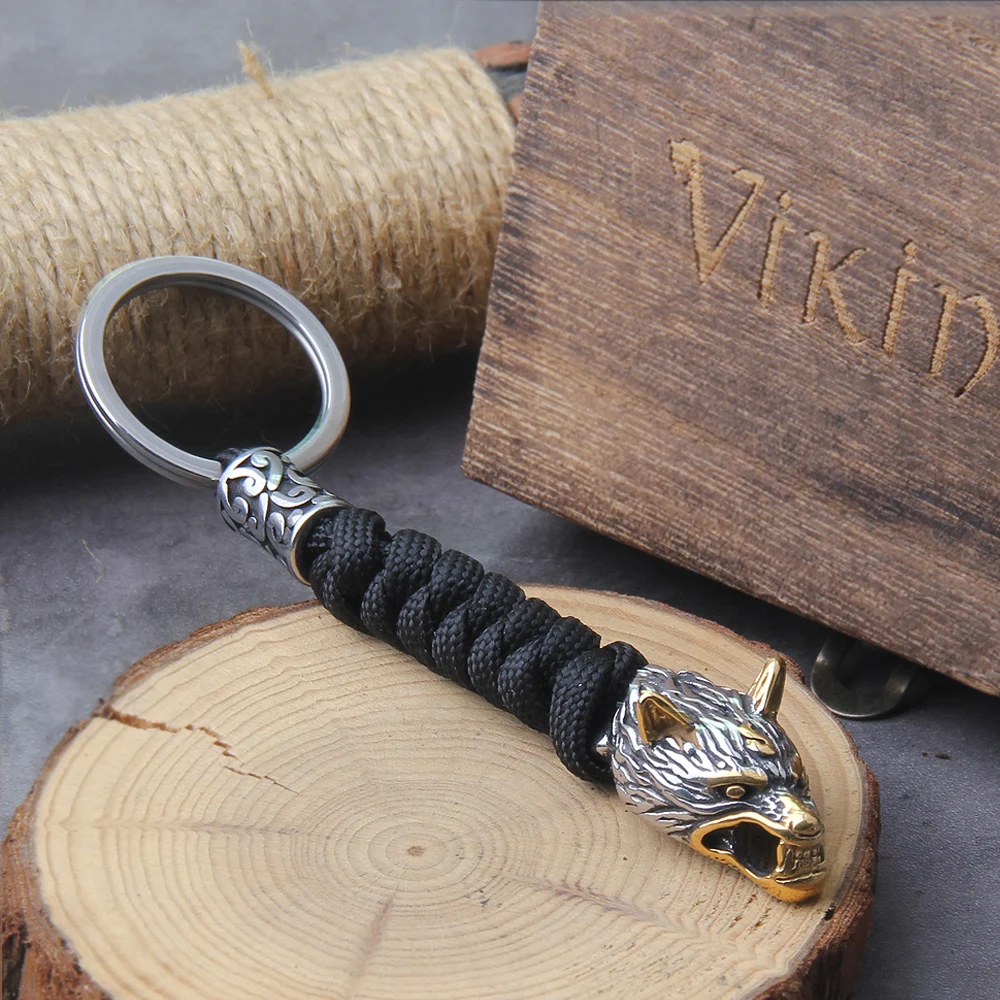 Viking Wolf Survival Rope Keychain Men's Stainless Steel Anchor Knife Pendant Paracord Keyring Handmade Norse Jewelry