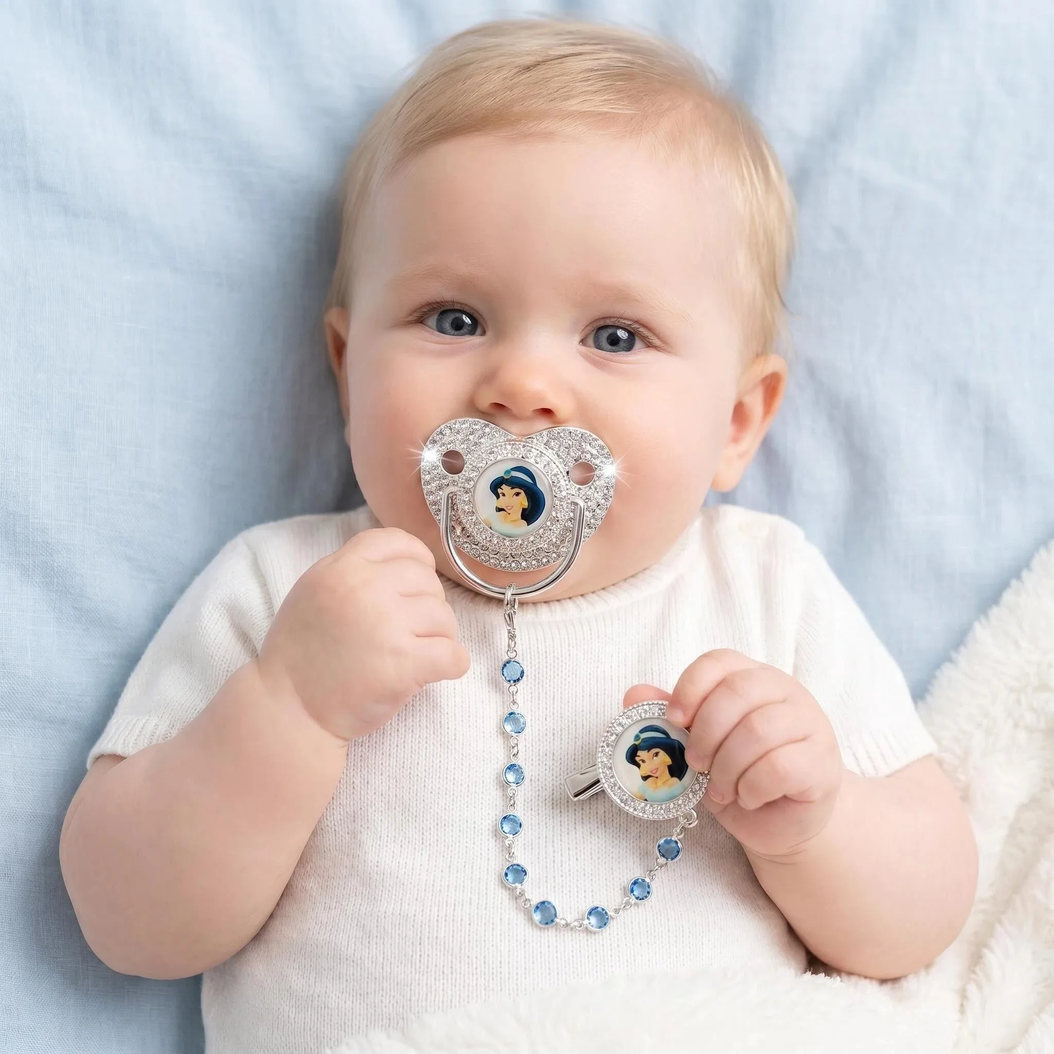

[Baby Girl Gift] Baby pacifier and blue zircon for newborns' mouth play luxury pacifier holder silicone baby's milk teeth nipple