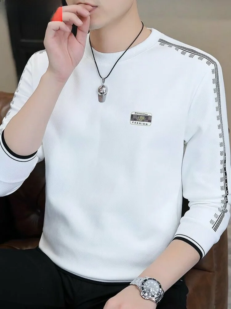 Camiseta Masculina Hengyuanxiang de Gola Redonda para Primavera e Outono, Casual, Lisa, Tamanho Grande, para Jovens