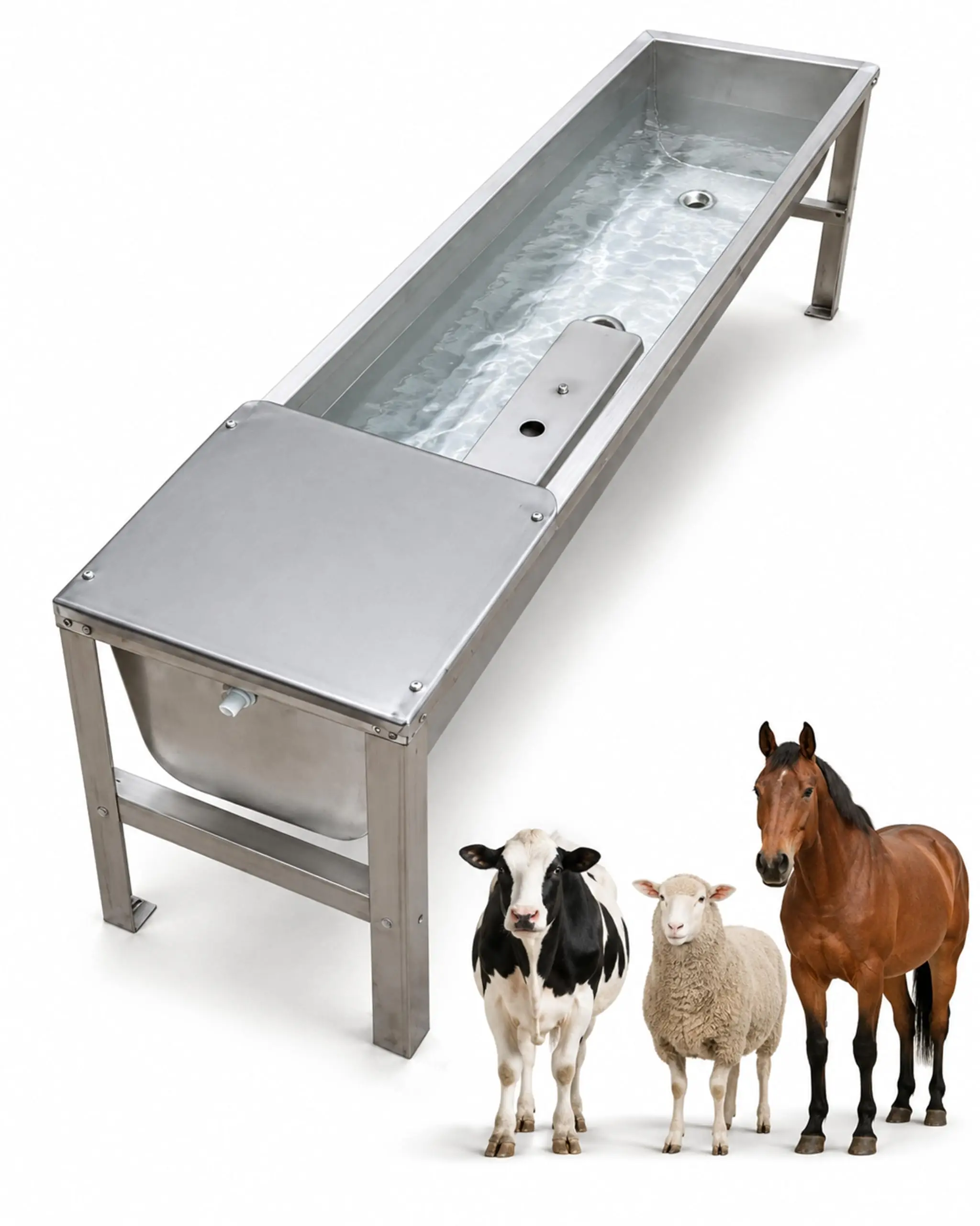 Livestock Water Trough Stainless Steel Heated Waterer Large Capacity Metal Stand Float Valve Temperature Controller