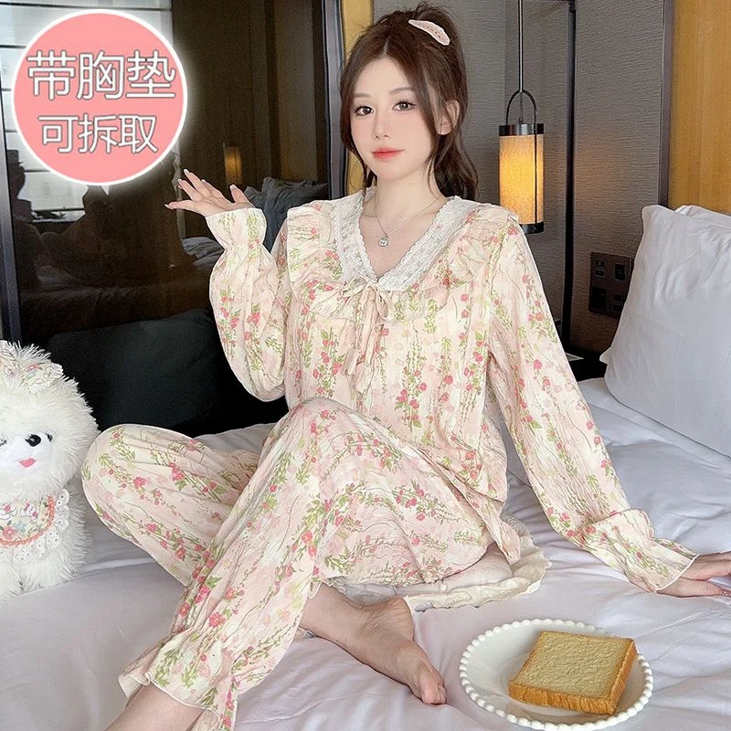 용수철 플러스 사이즈 긴팔 V넥 코튼 프린트 파자마 세트, 한국 귀여운 레이스 잠옷, 홈웨어, 잠옷