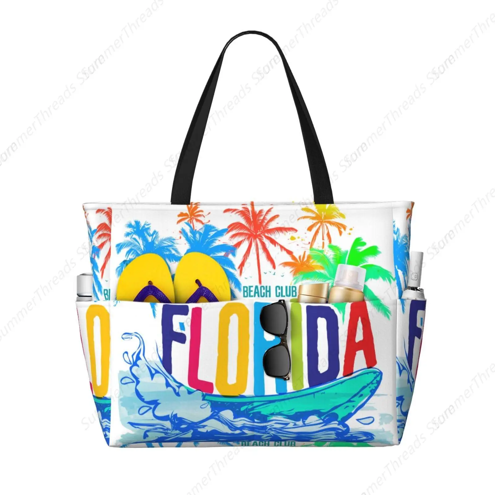 

Пляжная большая сумка для женщин с узором Флорида Пляжная сумка Водонепроницаемая и пескозащитная сумка для бассейна с мокрой сумкой Симпатичная большая круизная сумка для путешествий