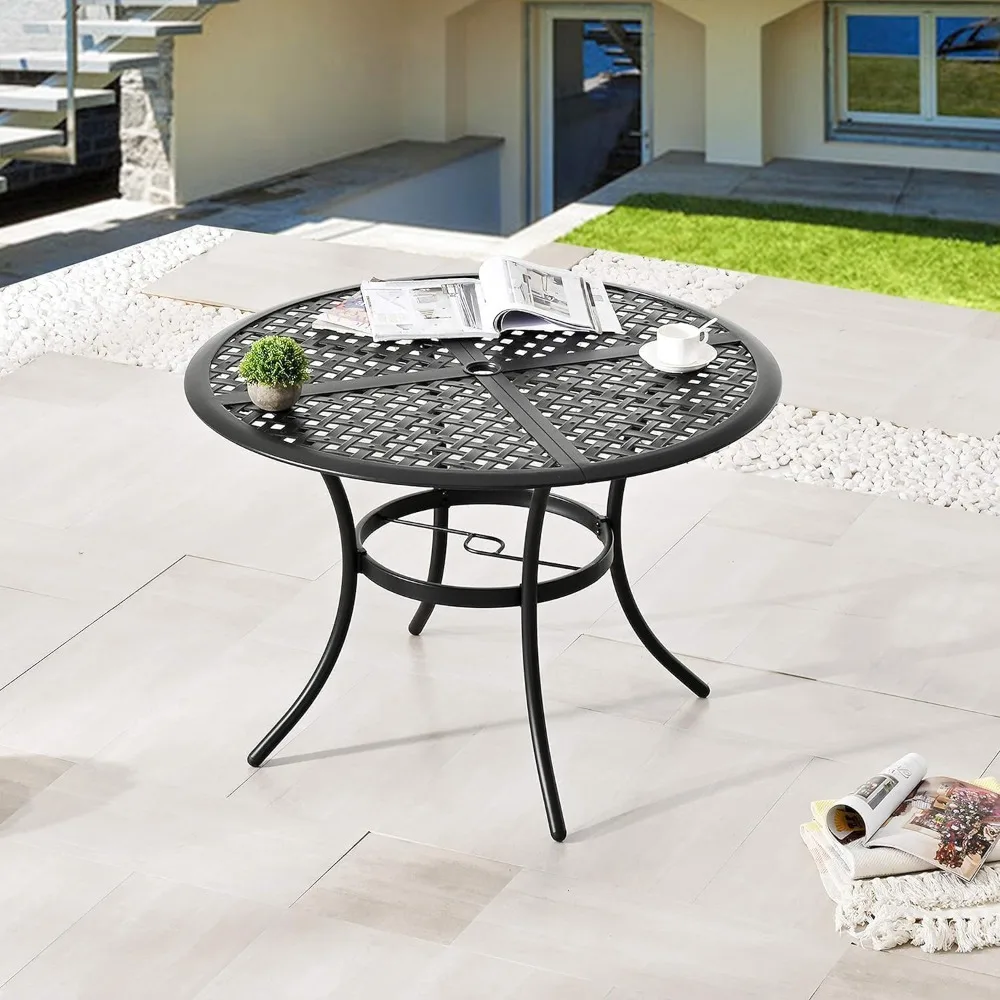 

42.1" Outdoor Patio Round Dining Table with Umbrella Hole, Steel Frame for Backyard Lawn Balcony Deck