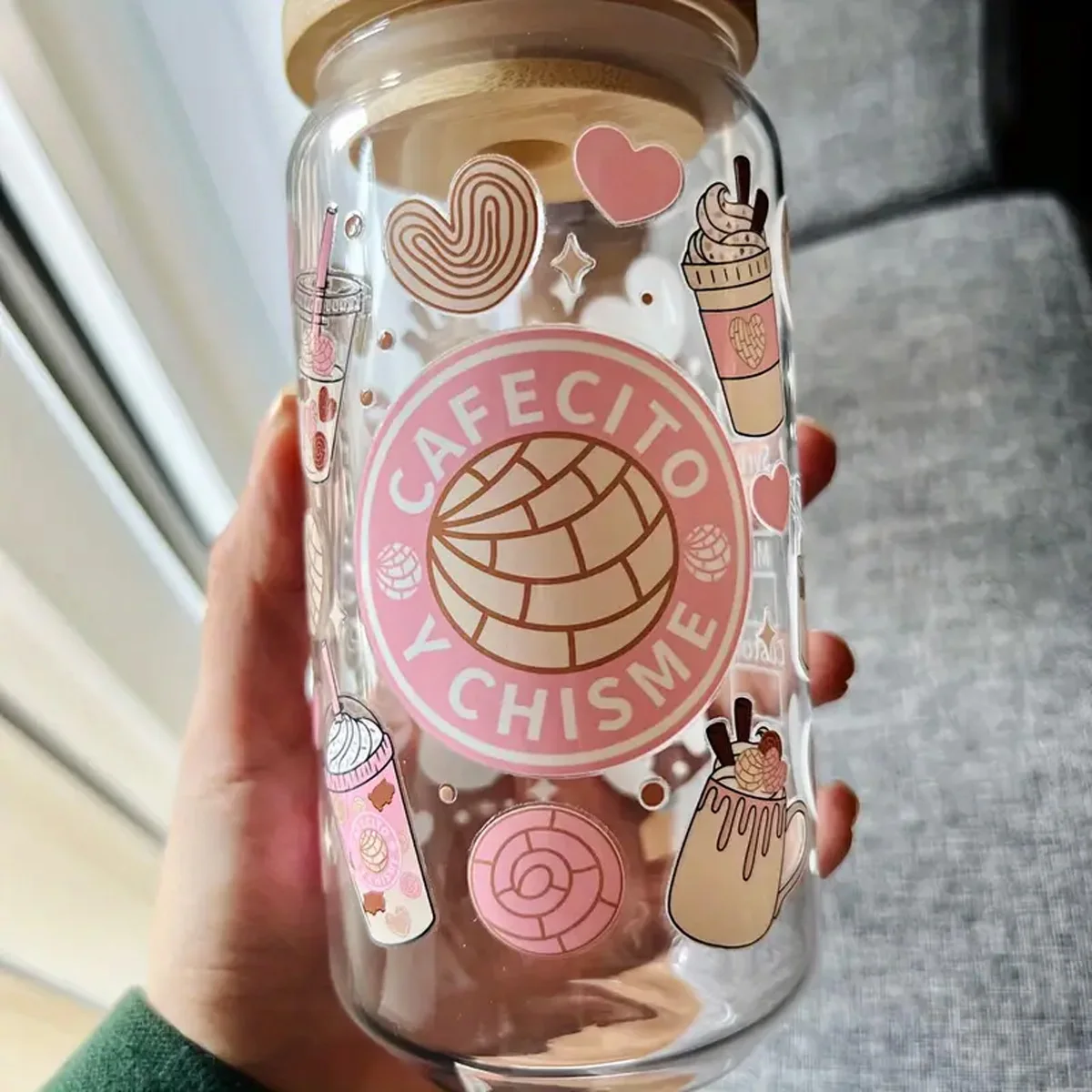 16oz Dessert Love Pattern Glass Drinking Cup With Bamboo Lid And Straw Motivational Statement Summer Drinkware For Gifts
