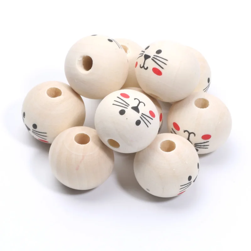 Round Balls Cartoon Cute Cat Pattern Wooden Beads 20mm 10pcs Wood Color Spacer Beads For Jewelry Making DIY Toy Gift Accessories