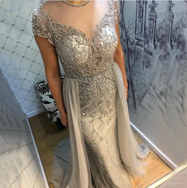 4 Different Color-Dubai Crystal Short Sleeve Evening Dresses Design 2020 Luxury Mermaid Sexy Formal Dresses