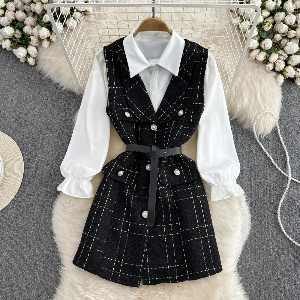 

Luxury Design Autumn Winter Celebrity Elegant Mid Length Single Breasted Tweed Vest Jacket+loose White Shirt Skirt Two-piece Set