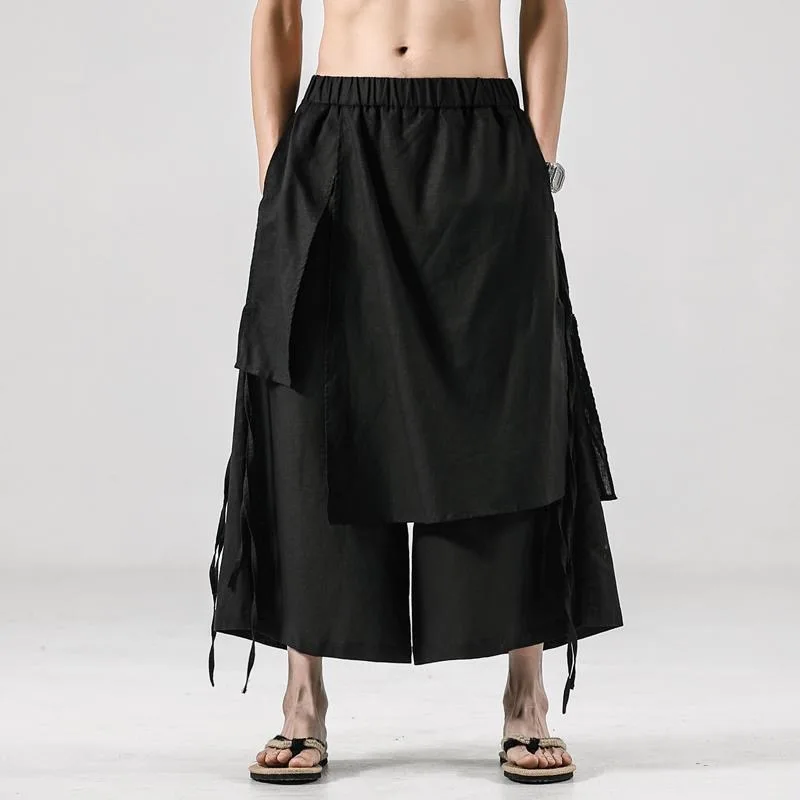 Male Summer Fake-2pc Skirts Pants Men Pockets Hanfu Ins Chic Y2K Pantalon Trendy Fashion Kungfu Leisure Casual Senior Trousers