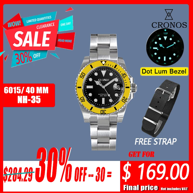 

Cronos Sub Diver Men Watch With Date NH35 Brushed Bracelet Ceramic Bezel 20 ATM Waterproof Glideclasp Sapphire Cyclops