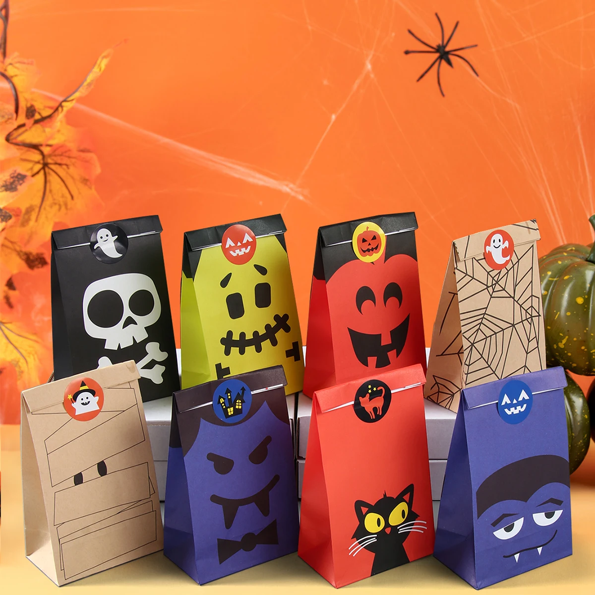 

16Pc Halloween Paper Treat Bags Halloween Candy Gift Bags for Kids Trick or Treat Goodie Bags with Stickers Halloween Decoration