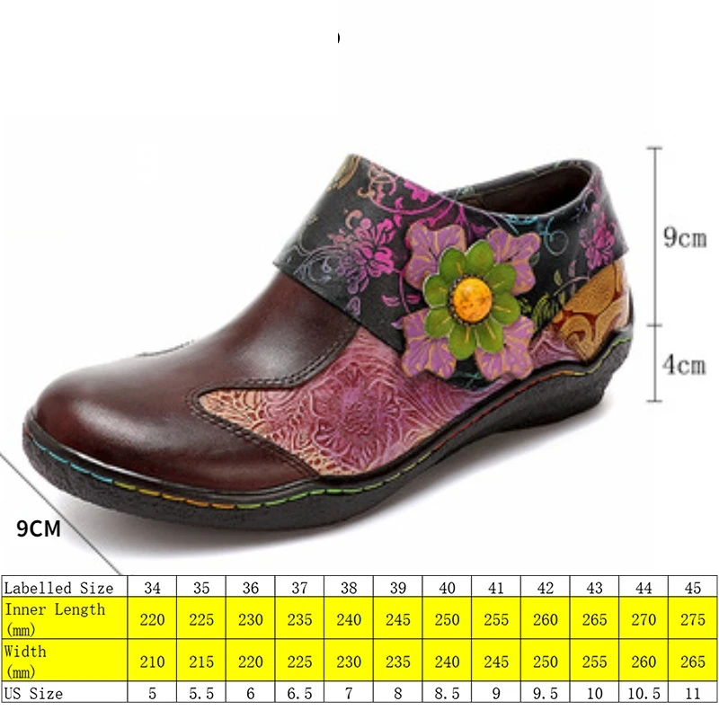 Koznoy Women\'s Genuine Leather Shoes 4cm New Print Ethnic Summer Handmade Hook Flower Big Size Ladies Fashion Mixed Color Flats