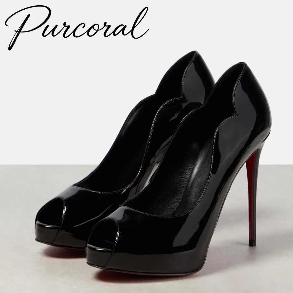 

Luxury Purcoral Elegant Peep Toe Platform Stiletto Pumps Red Sole Super High Heels Female Club Prom Office Dress Footwear