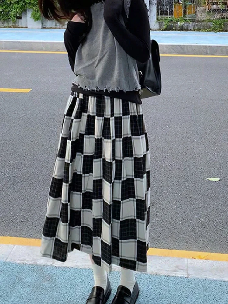 Skirts Women Summer Plaid Midi Baggy A-line Chic Retro High Waist Students Young Stylish Ulzzang All-match Fashion Female Cozy