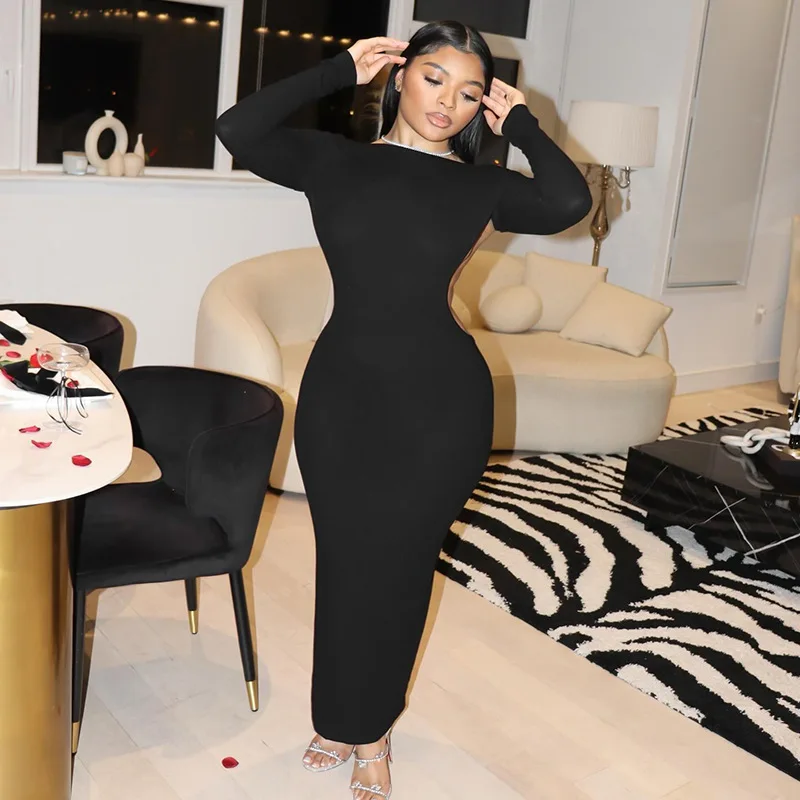 2025 Primavera Nuovo abito sexy a maniche lunghe scollato senza schienale per le donne Abiti lunghi da festa eleganti e solidi