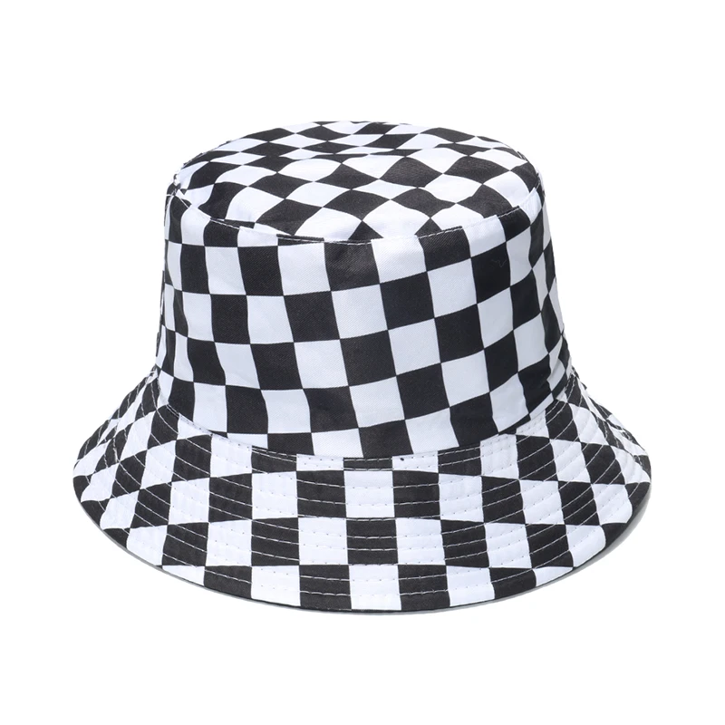 FOXMOTHER New Fashion Women Men Summer Black Red Fisherman Caps Reversible Outdoor Plaid Check Bucket Hat Dropshipping