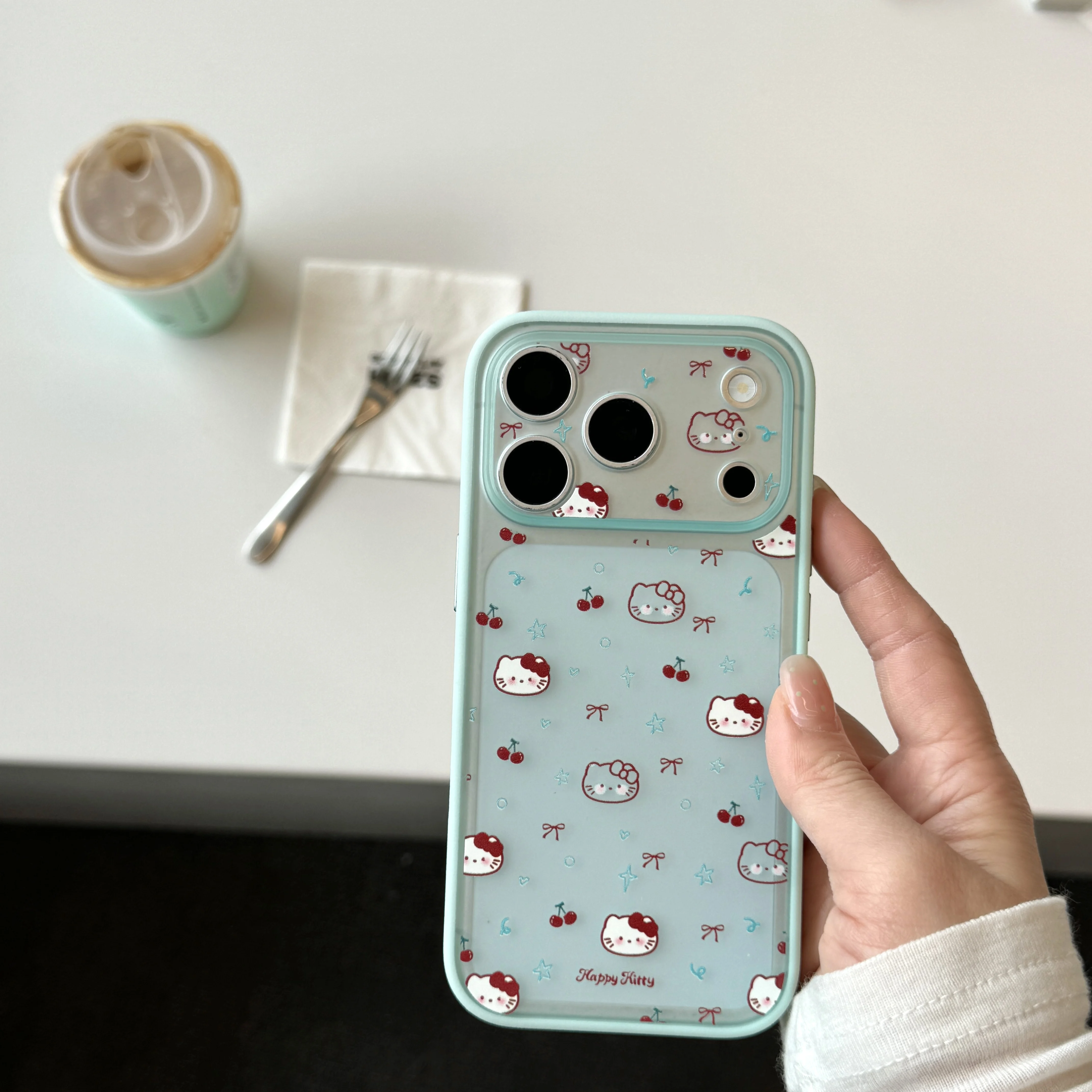 

New Fashion iPhone case Hello Kitty Cherry Print Phone Case For iPhone 16 15 17 Pro Max Shockproof Clear Cover With Mint Bumper