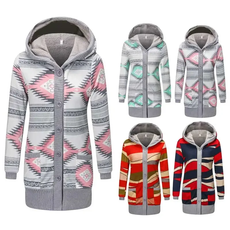 Women Cardigan Striped Print Long Sleeve Sweater Coat Buttons Closure Hooded Plush Lining Sweater Outerwear For Autumn Winter