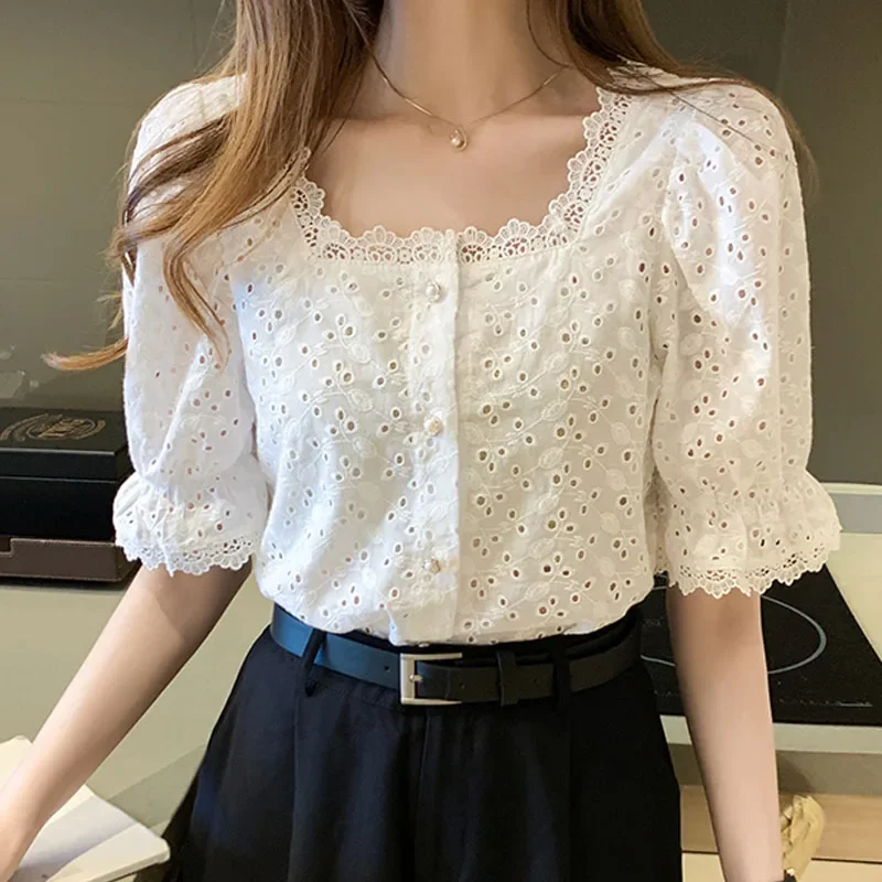 2024 Korean Lace Shirt Blusas Fashion Elegant Summer Short Sleeve Woman Shirts Square Collar Hollow Out White Blouse Women 13934