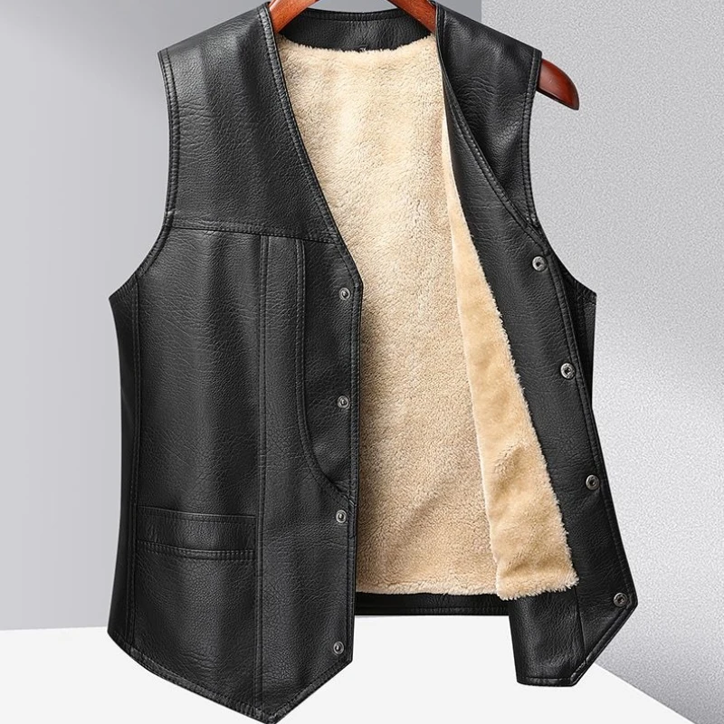 

Plus Size Winter Vest for Senior Men Warm Flannel Lined Leather Jacket Anti Cold Design for Outdoor Sports​