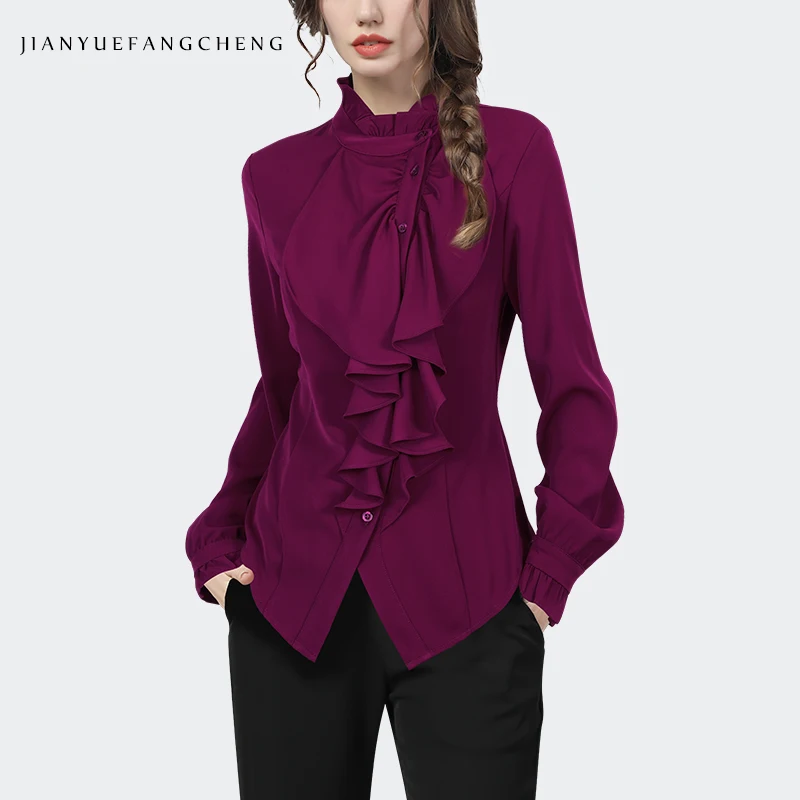 

Модная женская пурпурная блузка с высоким воротом и длинными рукавами, асимметричная рубашка на пуговицах с рюшами, весенне-летний топ 2025 г.