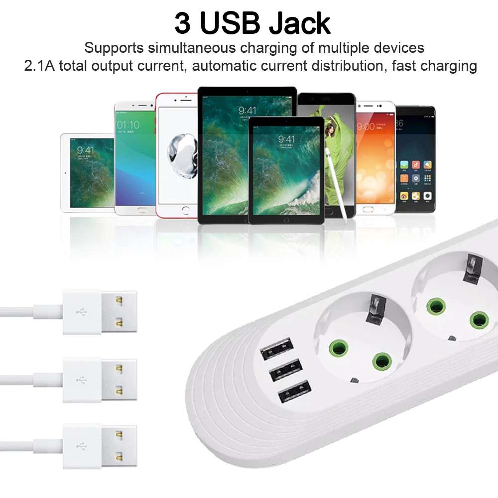 Eu Plug Ac Outlet Smart Home Multiprise Power Strip Verlengsnoer Elektrische Aansluiting Netwerk Filter Met Usb Poorten Snel Opladen