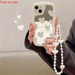 Lovely Case White Heart Makeup Mirror Korean Case For Apple iPhone 15 Pro Max 14Plus 13 12 11 XS X XR Soft Cover Bracelets Chain