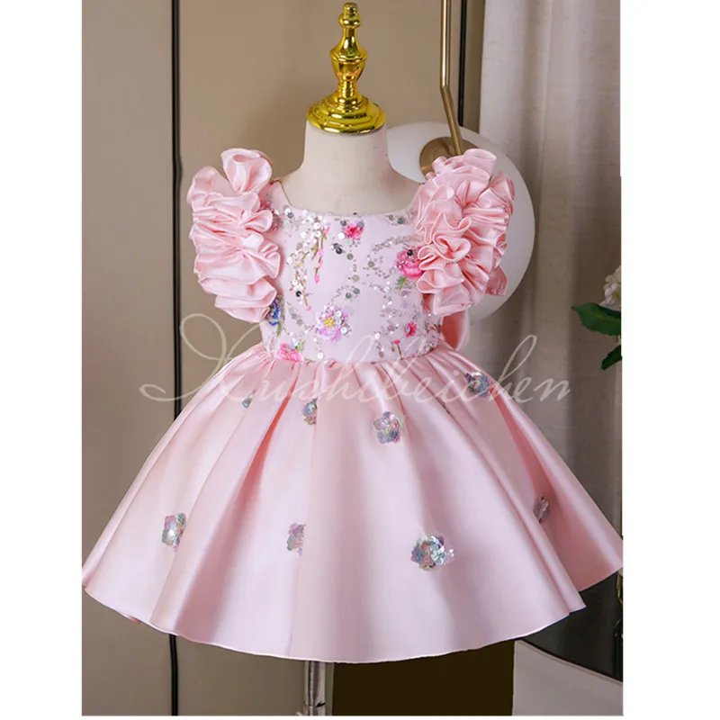 

Розовое бальное платье принцессы на свадьбу с цветочным узором для девочек, детское милое модное платье для выступления на день рождения g465