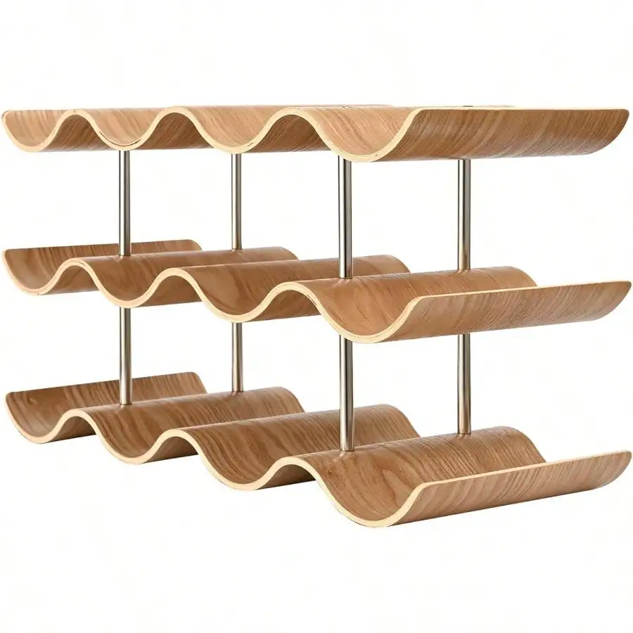 

Countertop Wine Rack - 12 Bottle Freestanding Wine Bottle Holder Stand - 3 Tier Wooden Wine Storage Rack - Wavy Wine Organizer For Cabinet Pantry Home Kitchen Bar