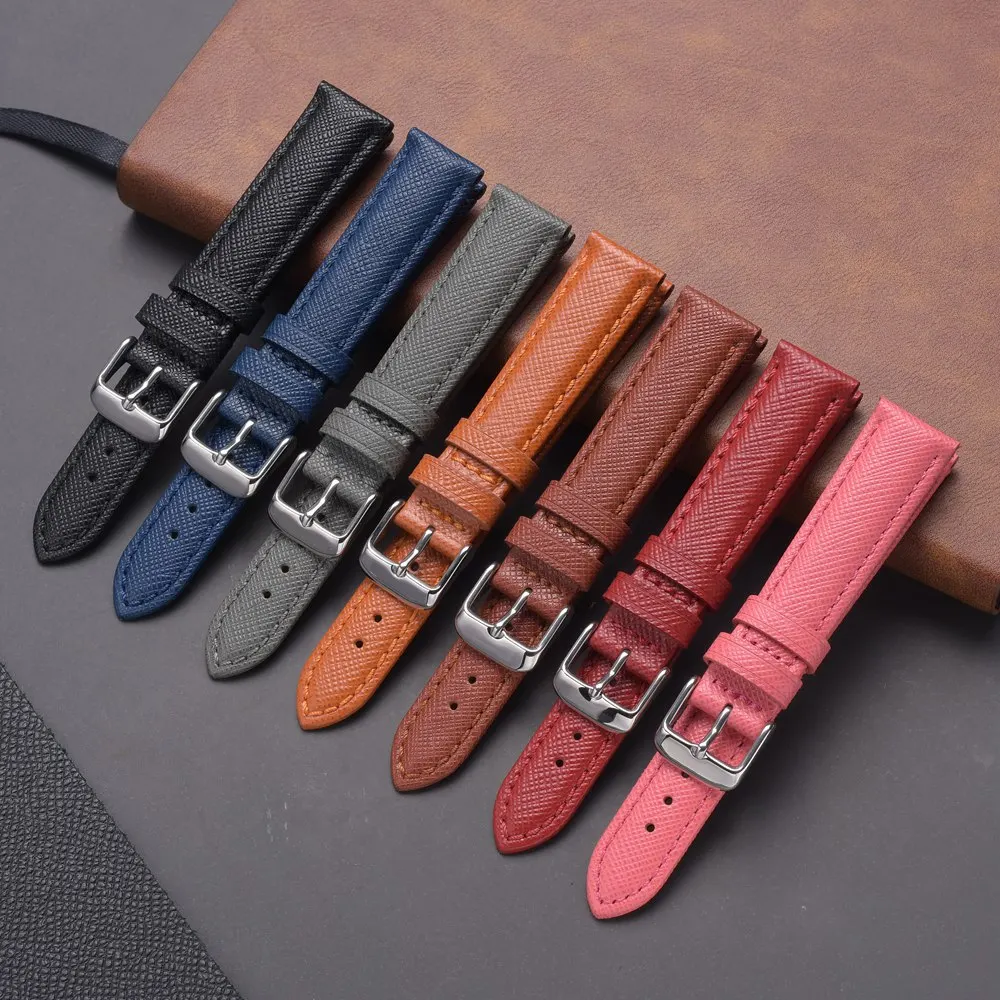 EACHE Saffiano Leather Watch Strap Fashion Cross Pattern Watchband Genuine Bracelet For Man&Woman 18mm 20mm 22mm 7 Colors