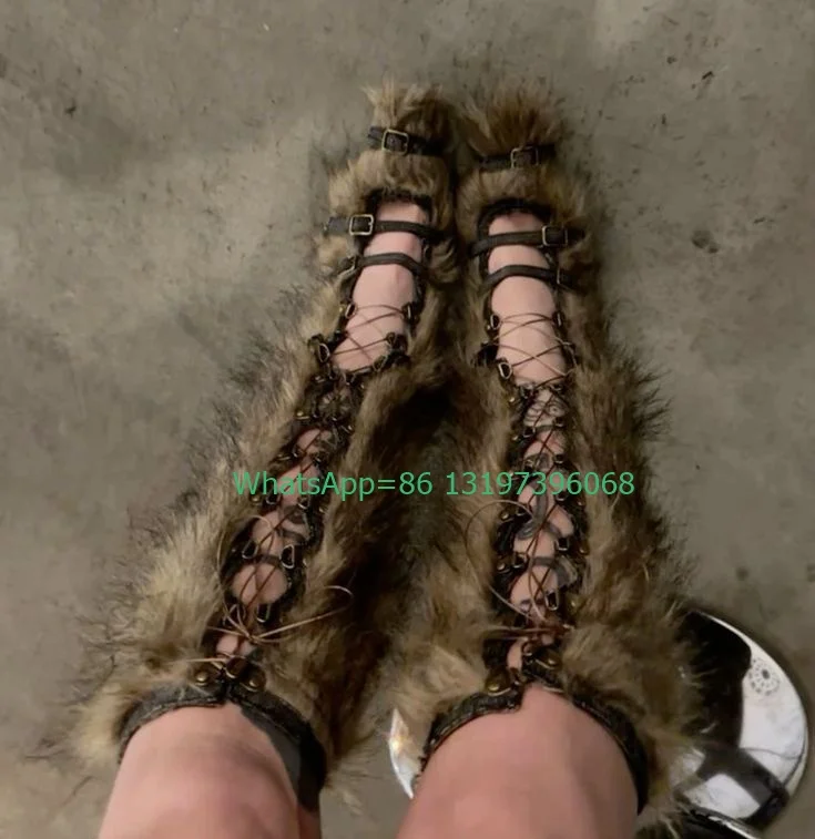 Lady Vintage Fur Hollow Buckle Strap Knee Boots Footwear Size Low Heel Punk Style New Arrive Runway Winner Warm Runway Boots 46