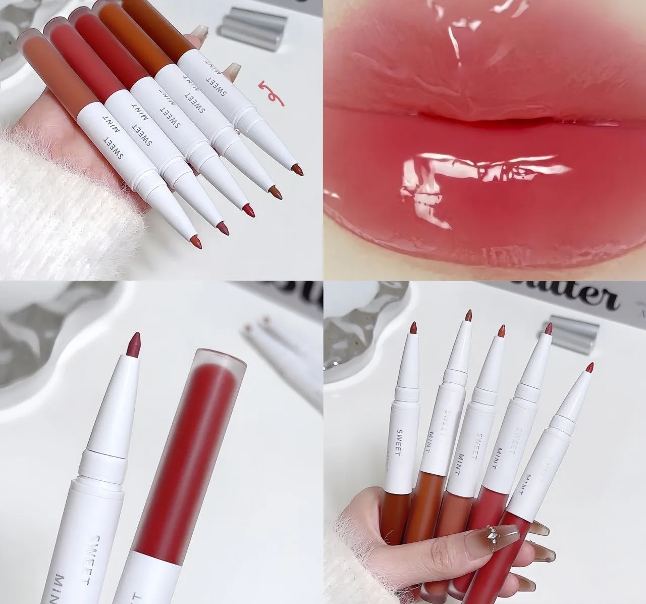 Lip Glaze a doppia estremità Lipliner 2 IN 1 Jelly Water Shiny Mirror Glass Plumping Lip Gloss Non appiccicoso rossetto a lunga durata trucco