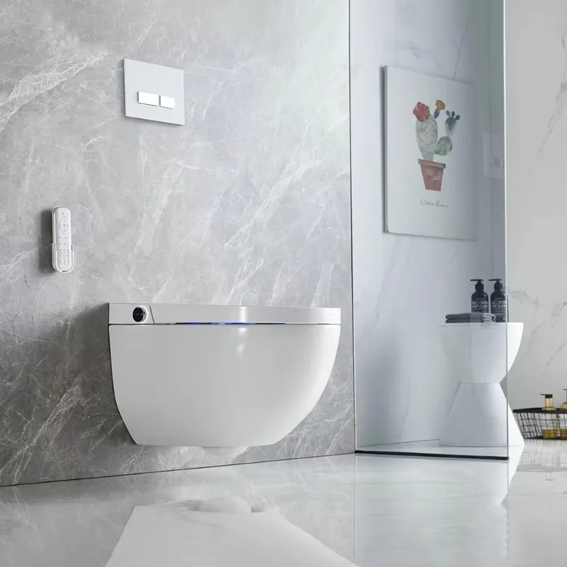 Smart Wall-Hung WC Toilet Set with Automatic Operation Ceramic Elongated Bowl S-Trap Drainage Remote Control Included