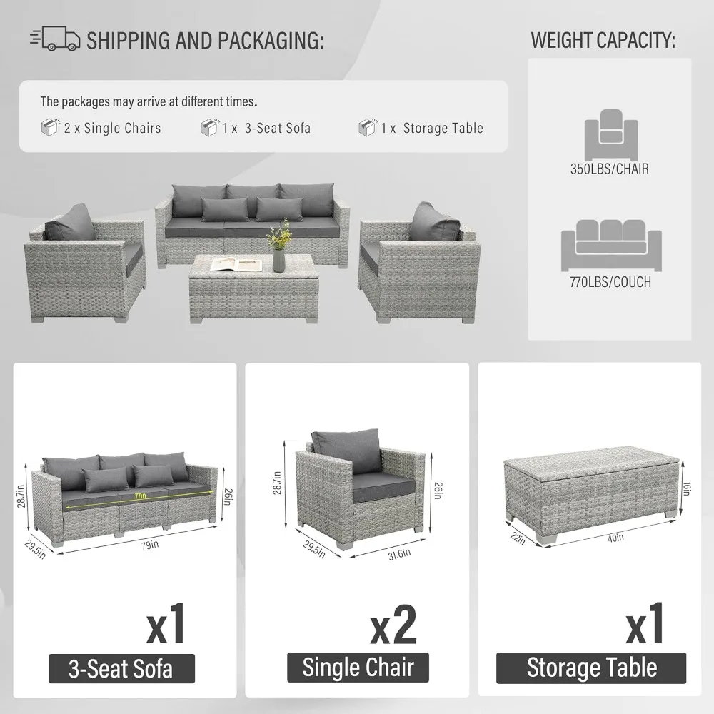 4-Piece Wicker Patio Furniture Set, PE Rattan Sectional Sofa with Storage Table, All-Weather Outdoor Conversation Sets for Deck