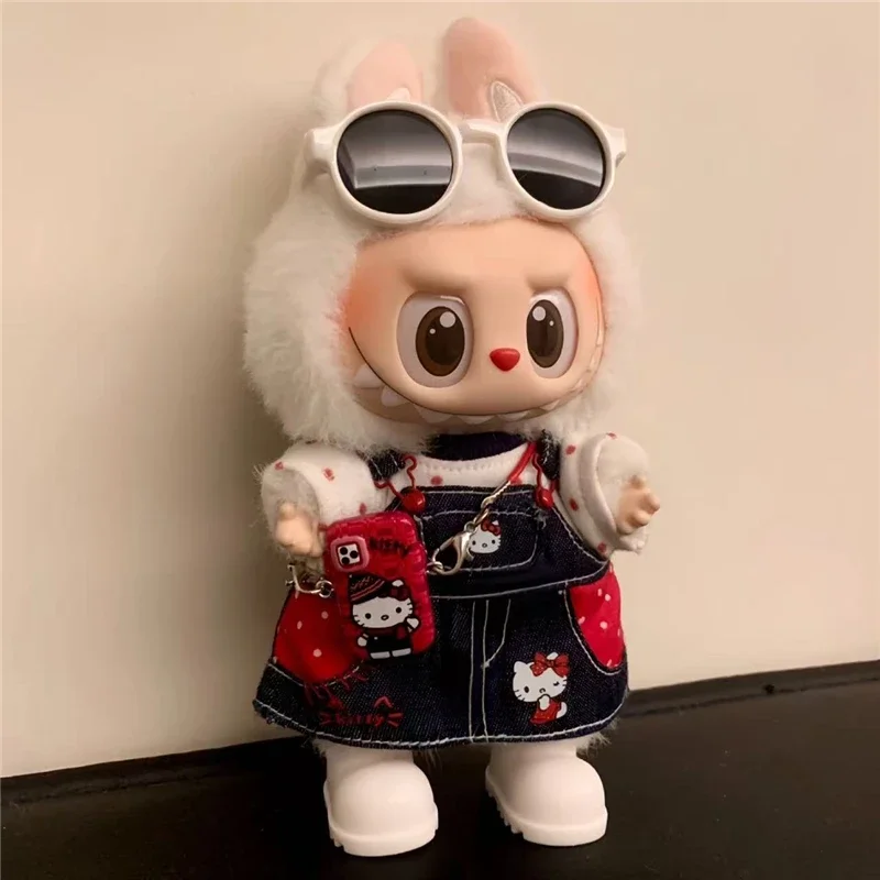 15 17cm For Labubu Doll Polka Dot Strap Dress Skirt Clothing Kawaii Hellokitty Cowboy Strap Pants Straight Leggings Clothes Ropa