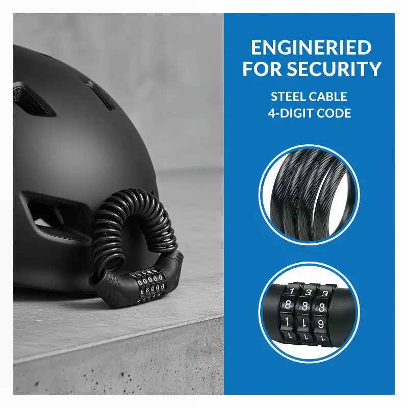 Motorcycle cable lock, durable steel wire rope, bicycle anti-theft chain, 4-digit password combination, helmet lock, safe