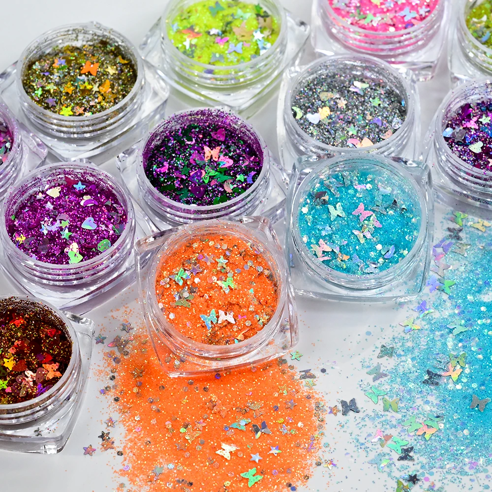 ผงกลิตเตอร์โฮโลแกรมลายผีเสื้อ ดาว พระจันทร์ 12 กล่อง ผสมผงวิ้งๆ สำหรับตกแต่งเล็บ ทำเล็บ DIY กลิตเตอร์เล็บ